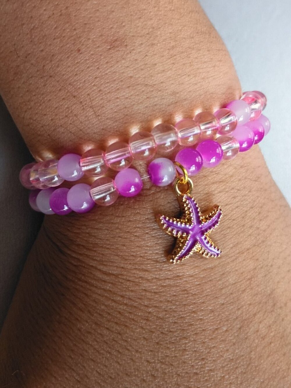 Handmade Purple & Pink Glass Beaded Bracelet Stack | Starfish Charm 6"